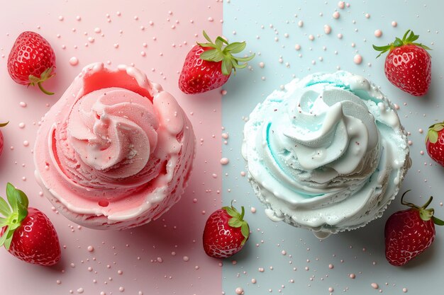 아이스크림 에 감싸진 맛있는 딸기 를 먹고 휴식을 취하세요