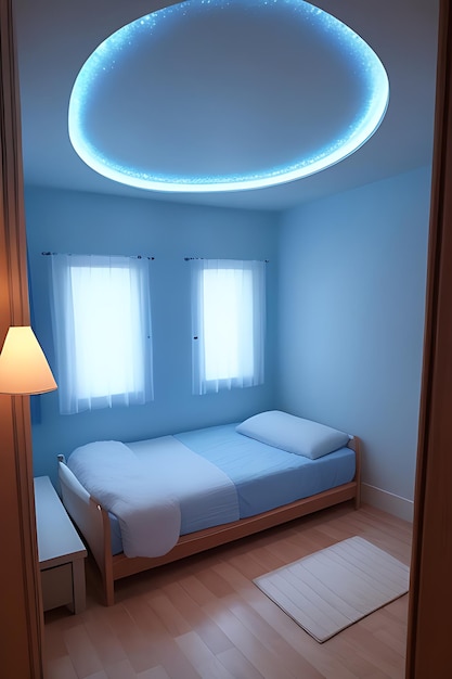 Chill room with blue led lights at night with a big window and a big bed in it