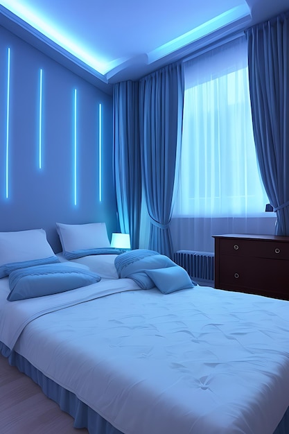 Photo chill room with blue led lights at night with a big window and a big bed in it