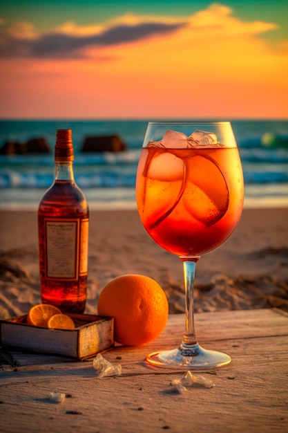 Chilled aperol cocktail on the table on the beach Generative AI