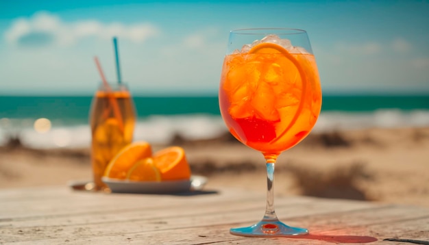 Chilled aperol cocktail on the table on the beach Generative AI
