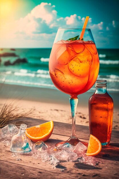 Foto cocktail aperol freddo sul tavolo sulla spiaggia ia generativa