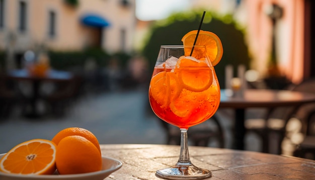 Chilled aperol cocktail on a table in a cafe on the street Generative AI