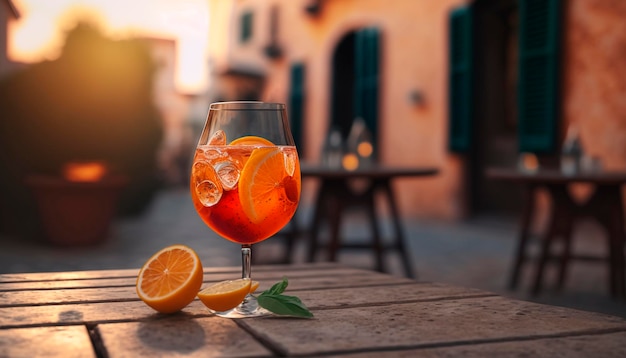 Chilled aperol cocktail on a table in a cafe on the street Generative AI