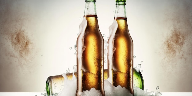 Chilled beer bottles on a white backdrop