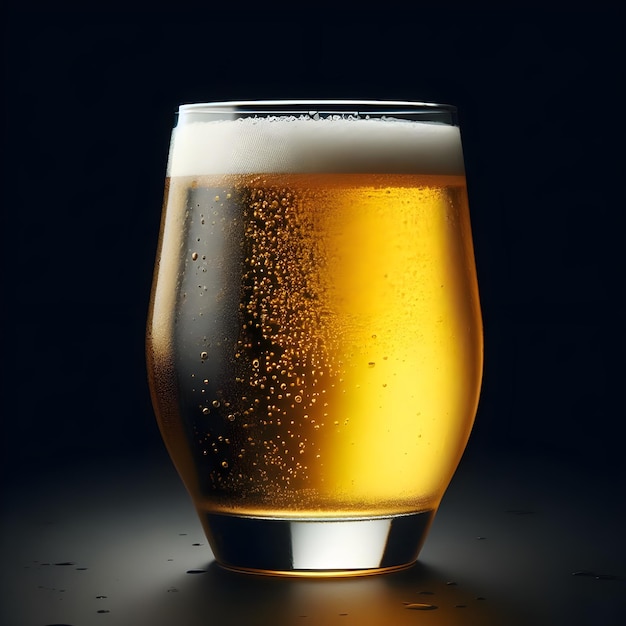 Foto coppa di birra raffreddata con testa schiumosa contro uno sfondo scuro nell'illuminazione dello studio