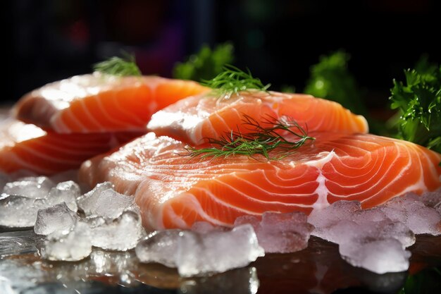 Chilled fish Fresh salmon or trout fillet on ice healthy eating concept