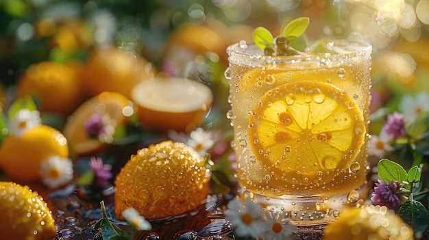 Foto un bicchiere di limonata freddo in mezzo ai fiori estivi alla luce del sole