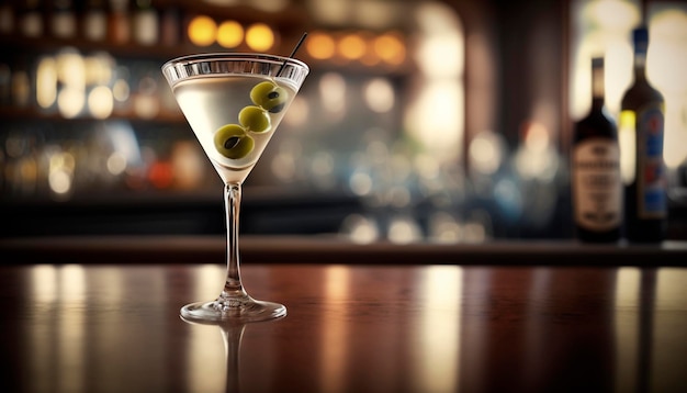 Chilled martini cocktail on a long bar with olives Generative AI