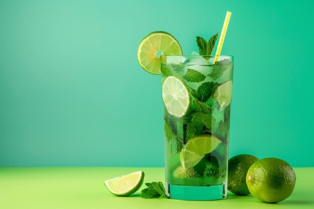 Chilled mint mojito cocktail with lime wedges and straw isolated on a gradient background