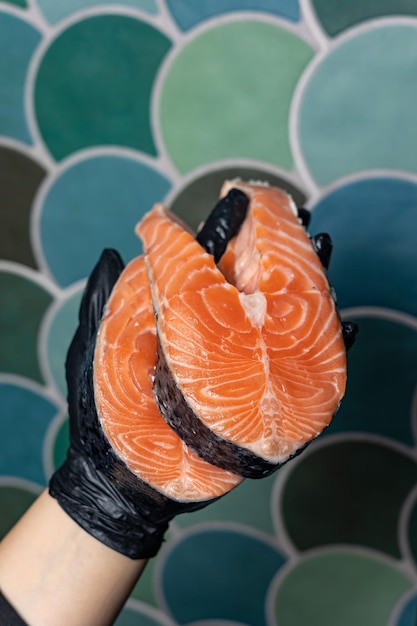 chilled salmon in a fish store