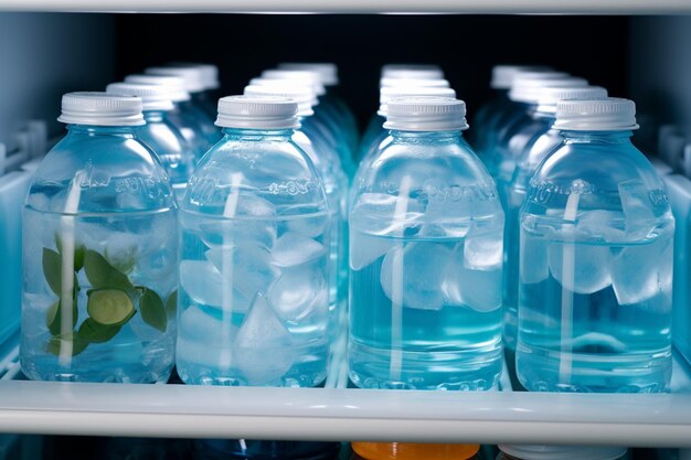 Photo chilled water bottles neatly arranged inside the cool confines of the refrigerator