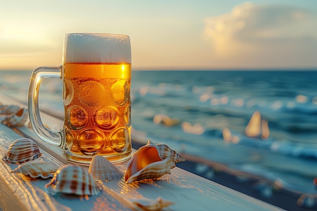 Chilled Wheat Beer in a Stein on a Coastal Deck