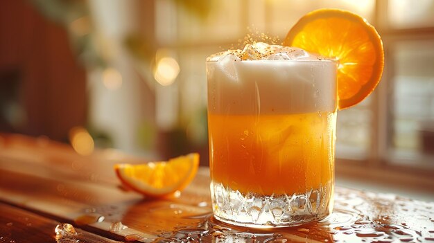 Foto cocktail whisky sour raffreddato con fetta d'arancia e ghiaccio sul tavolo