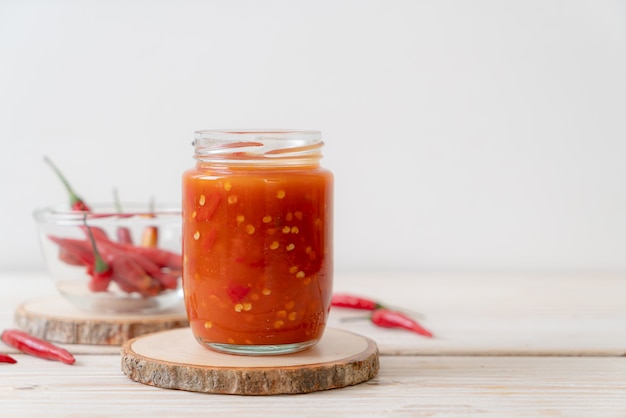 chilli and chilli sauce in glass jar