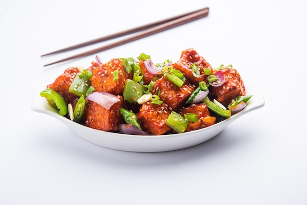 Chilli paneer dry is made using cottage cheese, Indo chinese food