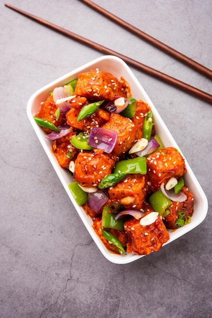 Chilli paneer dry is made using cottage cheese, Indo chinese food