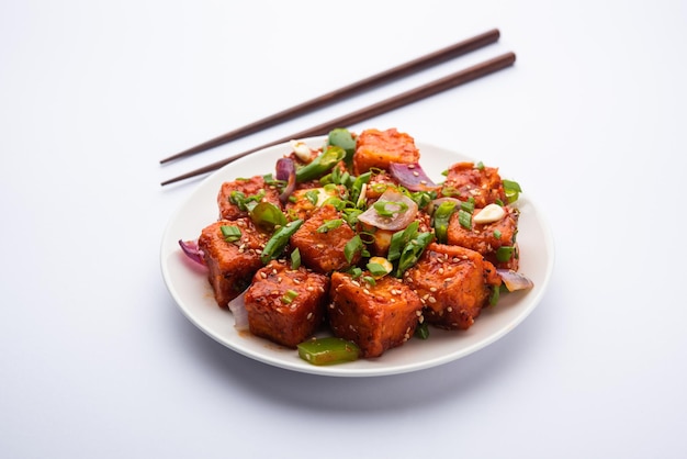 Chilli paneer dry is made using cottage cheese, Indo chinese food