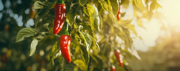 Chilli pepper on the tree vegetable growing in organic farm generative ai