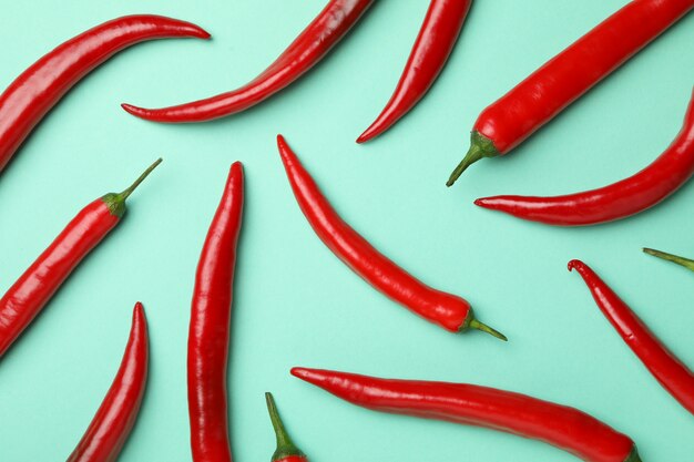 Chilli peppers on mint wall, top view