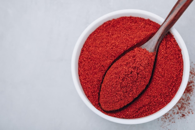 Chilli powder Smoked chilli paprika Red chilli powder paprika in bowl on gray stone background