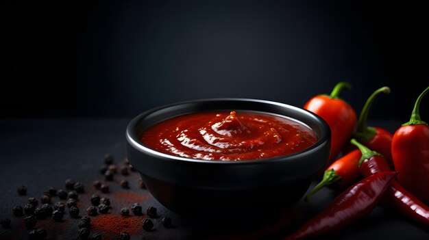 Salsa di peperoncino su una piccola ciotola nera isolata su uno sfondo scuro