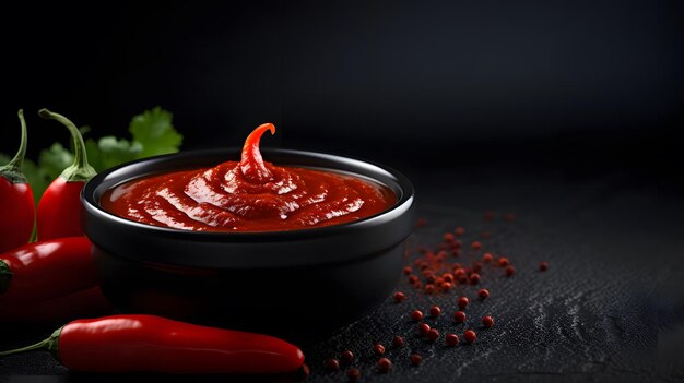 Photo chilli sauce on little black bowl isolated over dark background