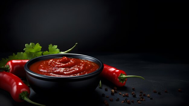 Foto salsa di peperoncino su una piccola ciotola nera isolata su uno sfondo scuro