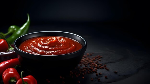 Foto salsa di peperoncino su una piccola ciotola nera isolata su uno sfondo scuro