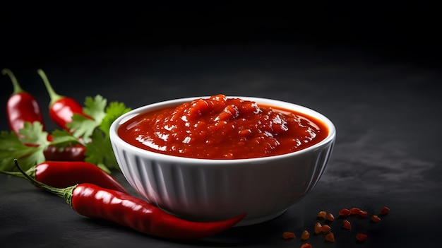 chilli sauce on little white bowl isolated over dark background