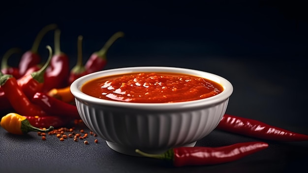 Foto salsa di peperoncino su una piccola ciotola bianca isolata su uno sfondo scuro