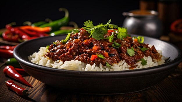 Chilli sin carne with black sesames seed