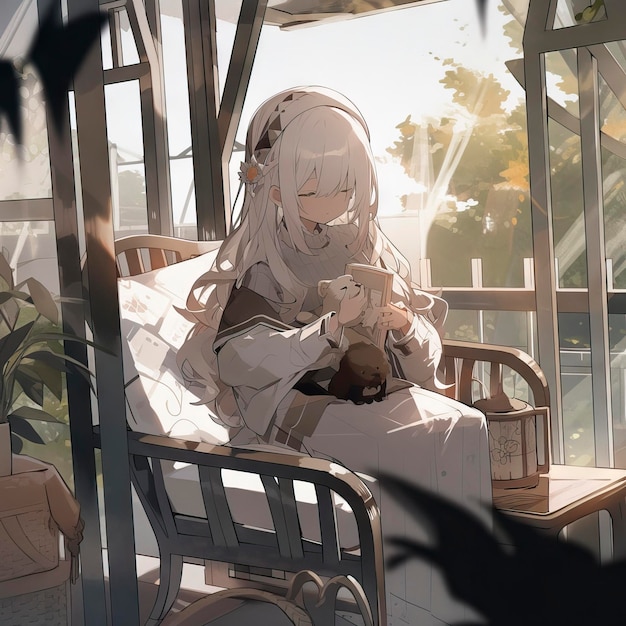 Chilling cute anime girl sitting by balcony