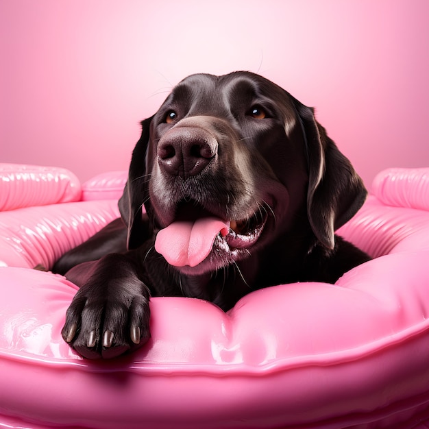 chilling dog in a pink float