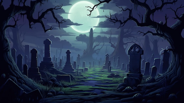 chilling graveyard at midnight halloween background 2d cartoon illustration generative ai