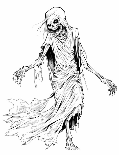 Photo chilling monstrosity simple line art coloring page fullbodied female zombie