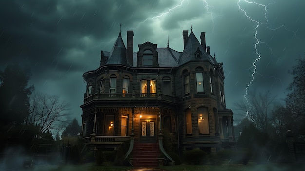 A chilling Victorian mansion engulfed in a raging storm Ghostly apparitions eerily seen through misty windows creating a spinechilling atmosphere