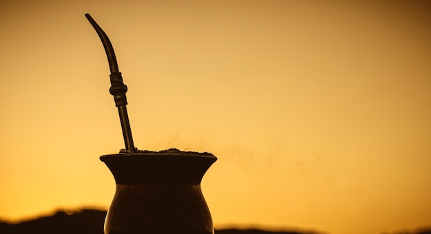 The chimarrao or mate is a drink produced by infusing the yerba mate plant in boiling water in a bowl with a pump traditional for winter in South America