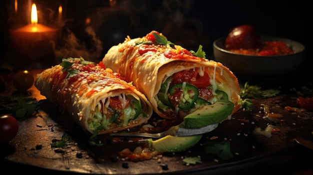 Chimichanga full of vegetables meat and mayonnaise prints on wooden table with blurred background