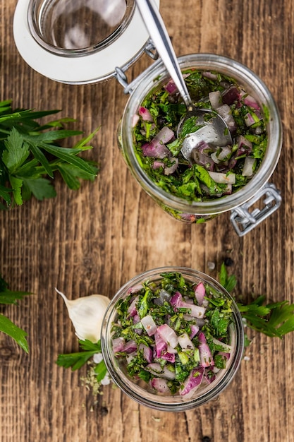 Chimichurri fresh as detailed closeup shot selective focus