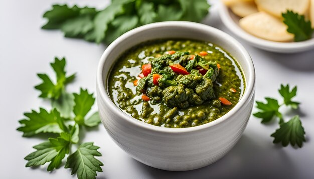 Photo chimichurri verde in a bowl isolated on a white background ai generated