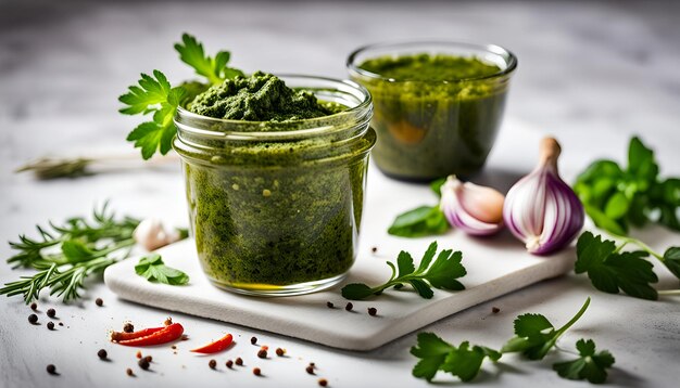 Photo chimichurri verde in a glass bowl on a white background