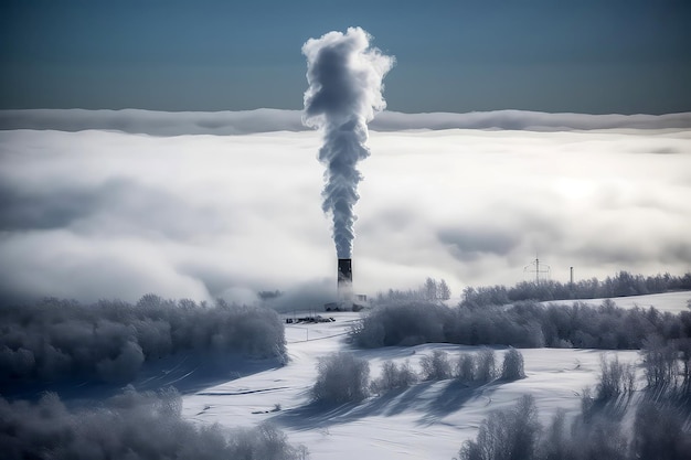 Chimney Releases Thick Plume Of White Smoke Against Snowy Scenery Generative AI