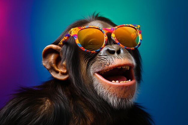 Photo chimp chic funny chimpanzee rocking sunglasses in studio generative by ai