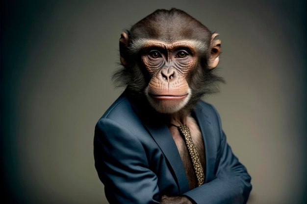 Chimp Executive Een Primate39s Professional Pose in Dark Studio Achtergrond Generatieve Ai