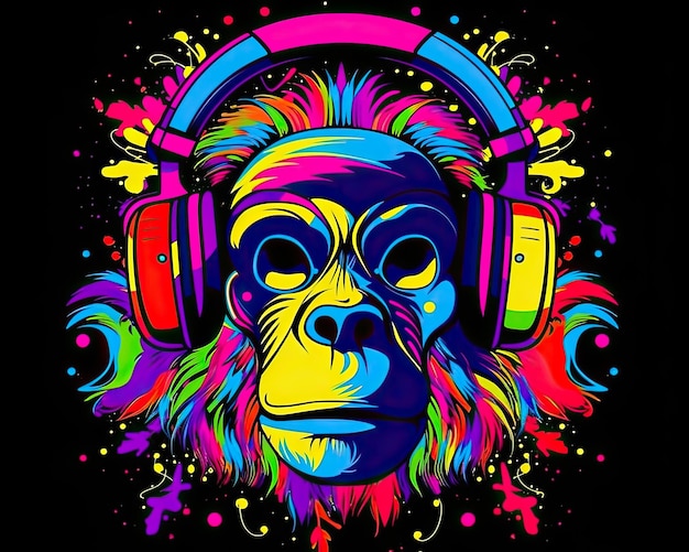 Photo a chimp with headphones listens to music adorably generative ai