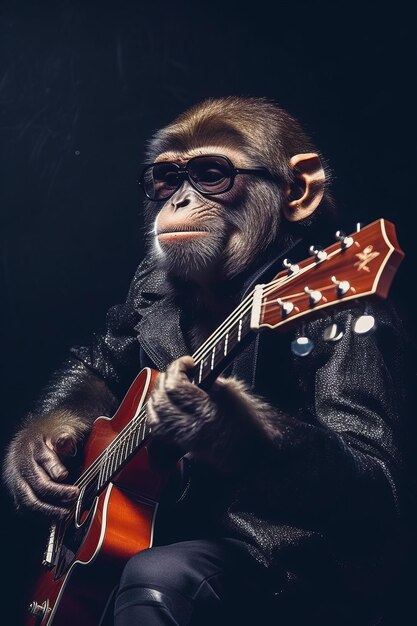 Chimpan holding guitar and wearing black jacket and sunglasses generative ai