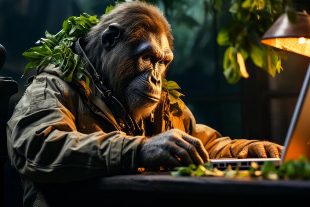 Photo chimpan sitting at table with laptop generative ai