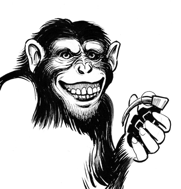 Chimpansee met een granaat. Inkt zwart-wit tekening