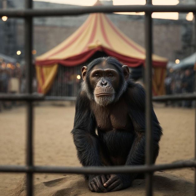 Chimpansee zittend in een kooi op een achtergrond van circus